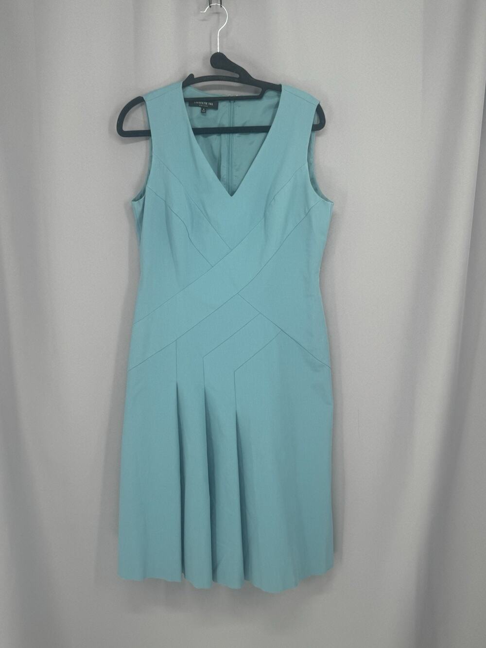 Lafayette 148 Dress Womens Size 4 Ocean Blue Pleated Lined VNeck Cotton Career